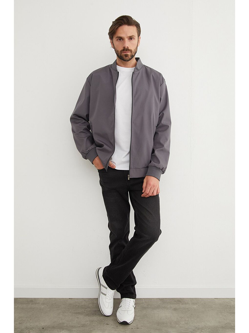 Gri Scuba Kumaş Fermuarlı Bomber Ceket-2