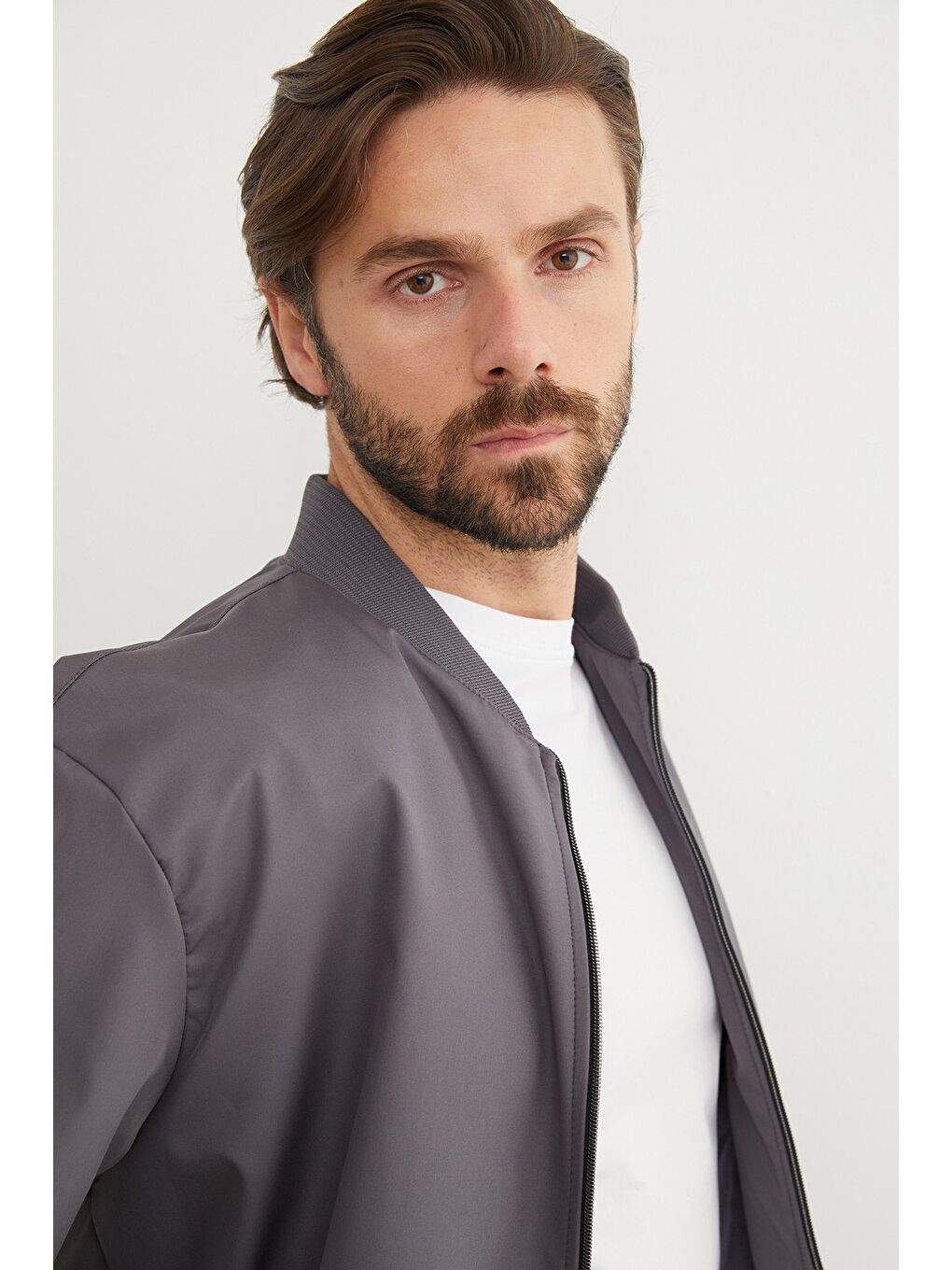 Gri Scuba Kumaş Fermuarlı Bomber Ceket-3