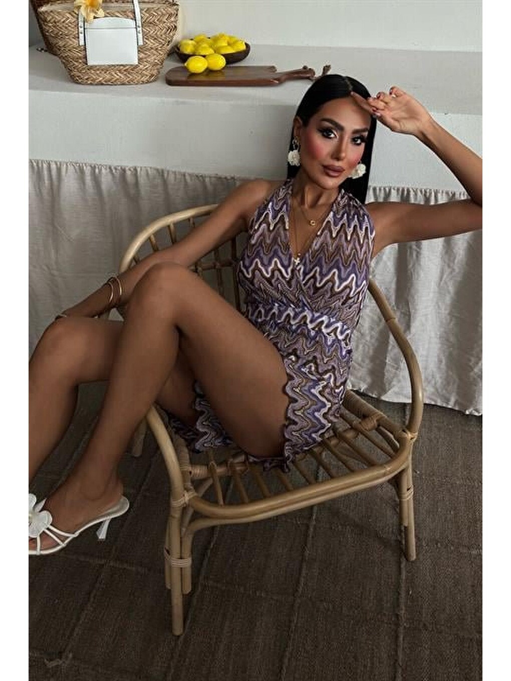 Lila Zikzak Desenli Multi Renk Geçişli Mini Tulum 1365-7