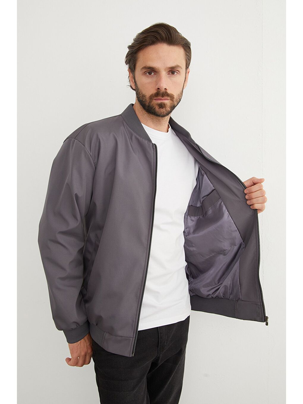Gri Scuba Kumaş Fermuarlı Bomber Ceket-4