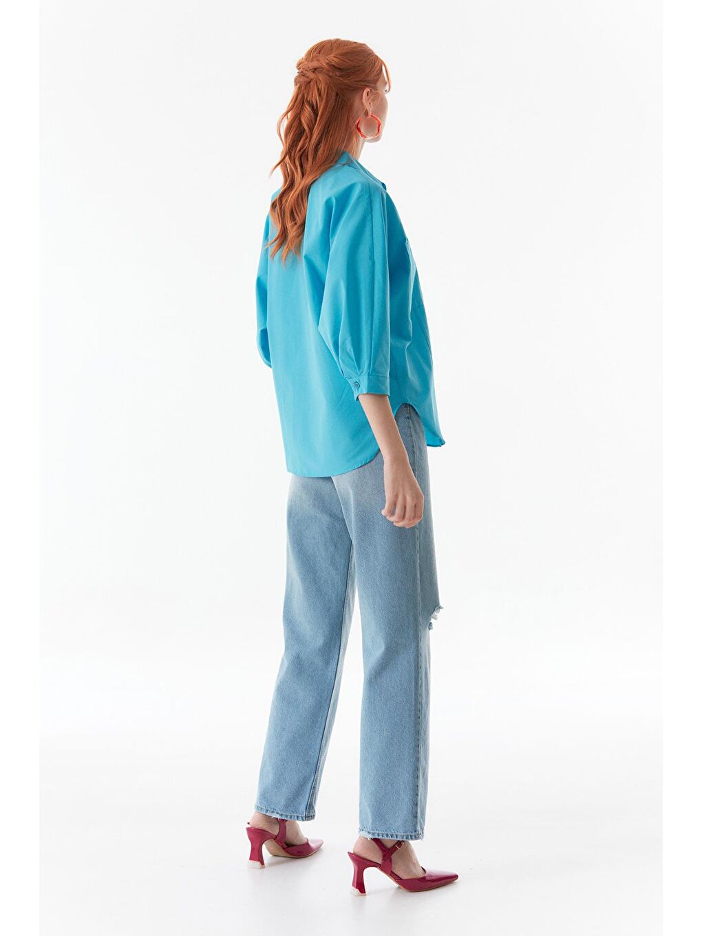 Mavi Basic Çift Cepli Oversize Gömlek-4