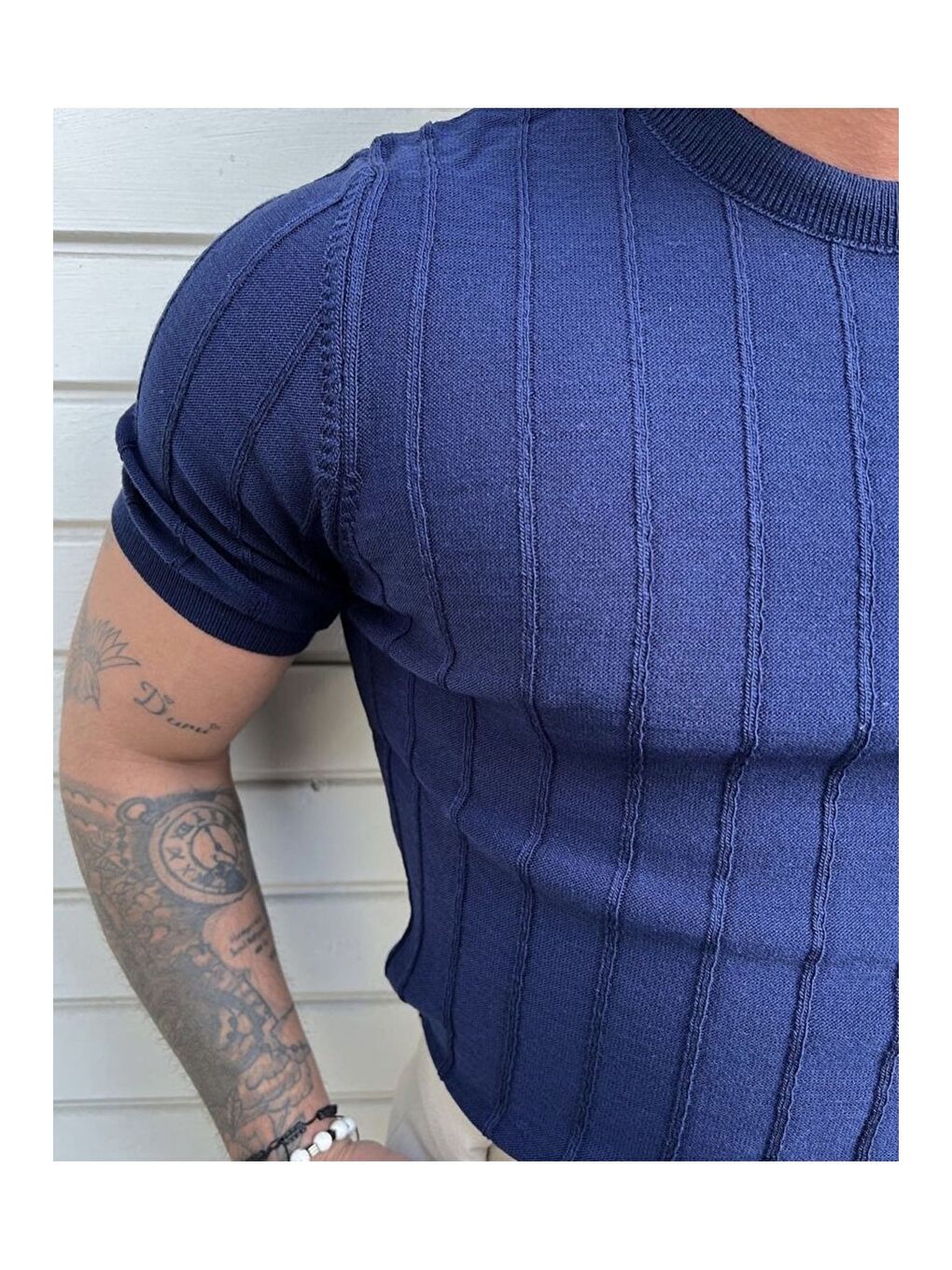 Lacivert Erkek Yuvarlak Yaka Örme T shirt-2