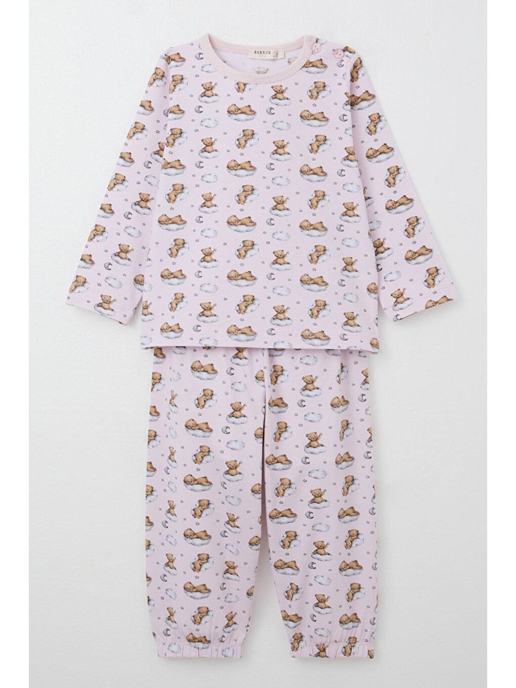 Kız Çocuk Pijama Takımı Gökyüzü Temalı Sevimli Ayıcık Desenli Pembe (1-2 Yaş)