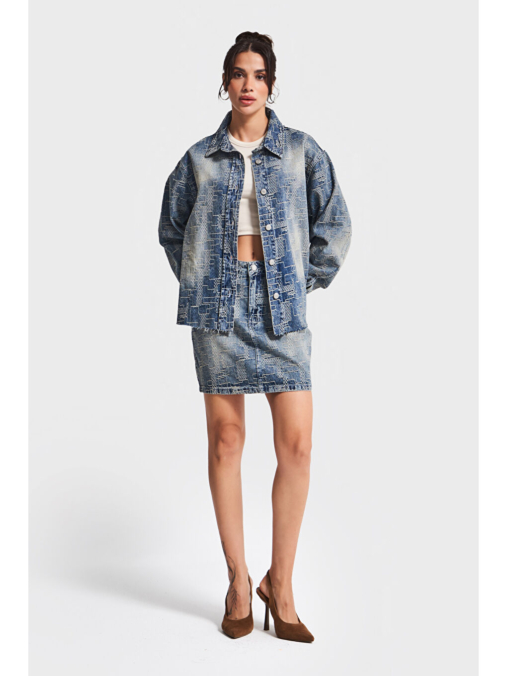 Mavi Kadın Jean Rengi 4w5-32 Oversize Özel Kumaş Bol Kesim Tasarım Denim Ceket-3