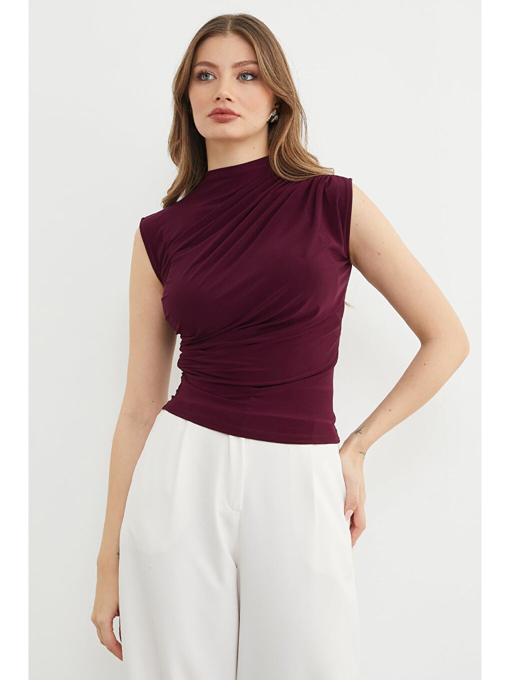 Mürdüm Omzu Ve Yanları Drapeli Dik Yaka Bluz-2