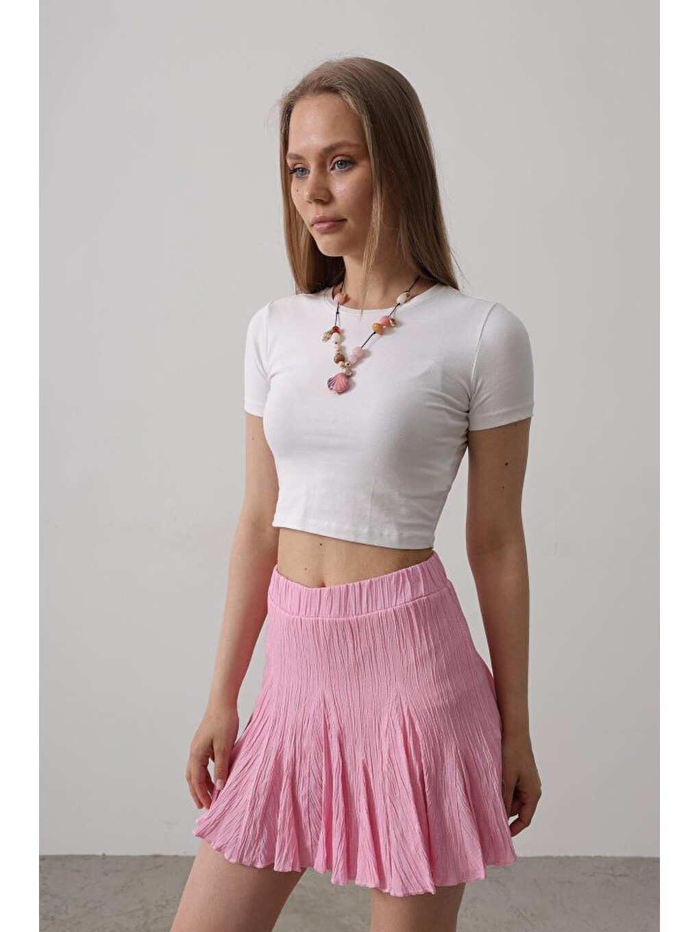 Beli Lastikli Mini Etek - Pembe-1