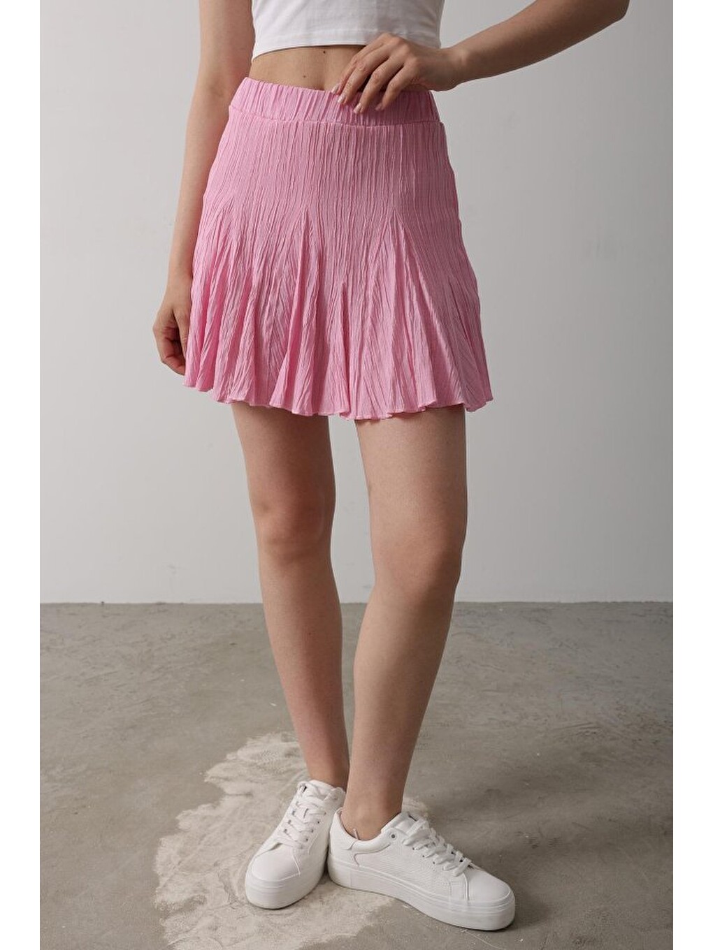 Beli Lastikli Mini Etek - Pembe-2