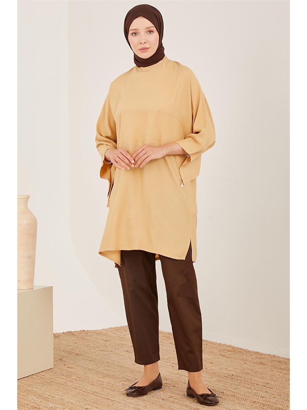 ARMİNE Bej Kimono Kollu Naturel Tunik 23Y4435