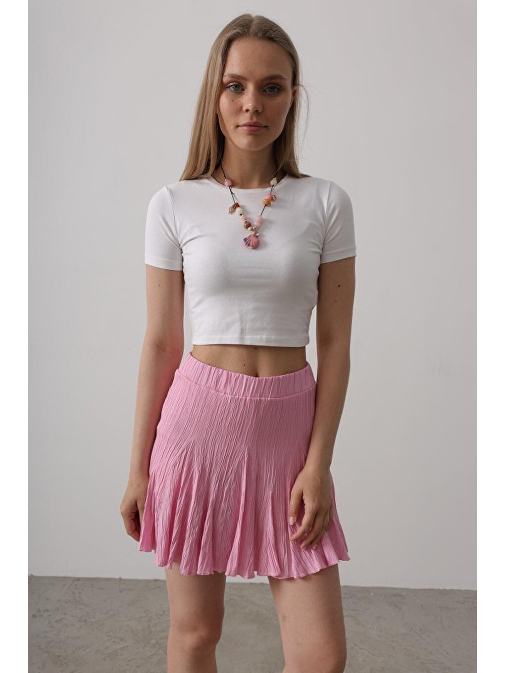 Beli Lastikli Mini Etek - Pembe-3