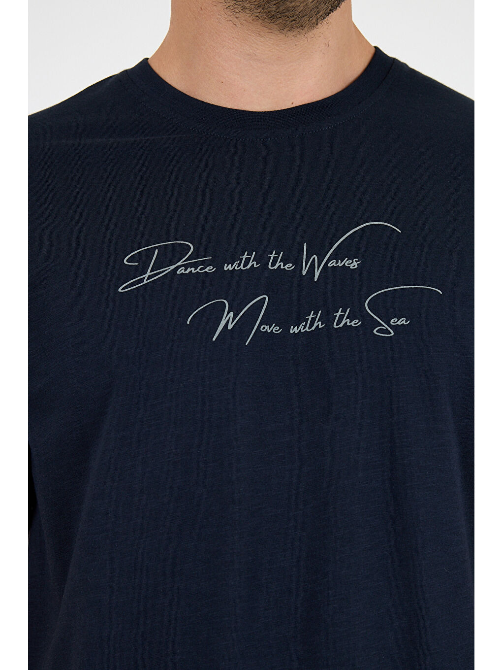 Lacivert Erkek %100 Pamuk Bisiklet Yaka Kısa Kollu Baskılı Tişört Rahat ve Günlük Erkek Tişört 0011-3