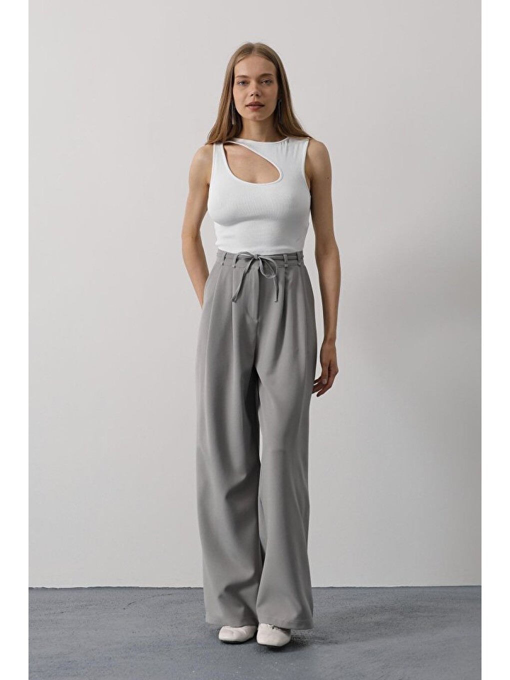 Pileli Bağcıklı Oversize Pantolon - Gri-2
