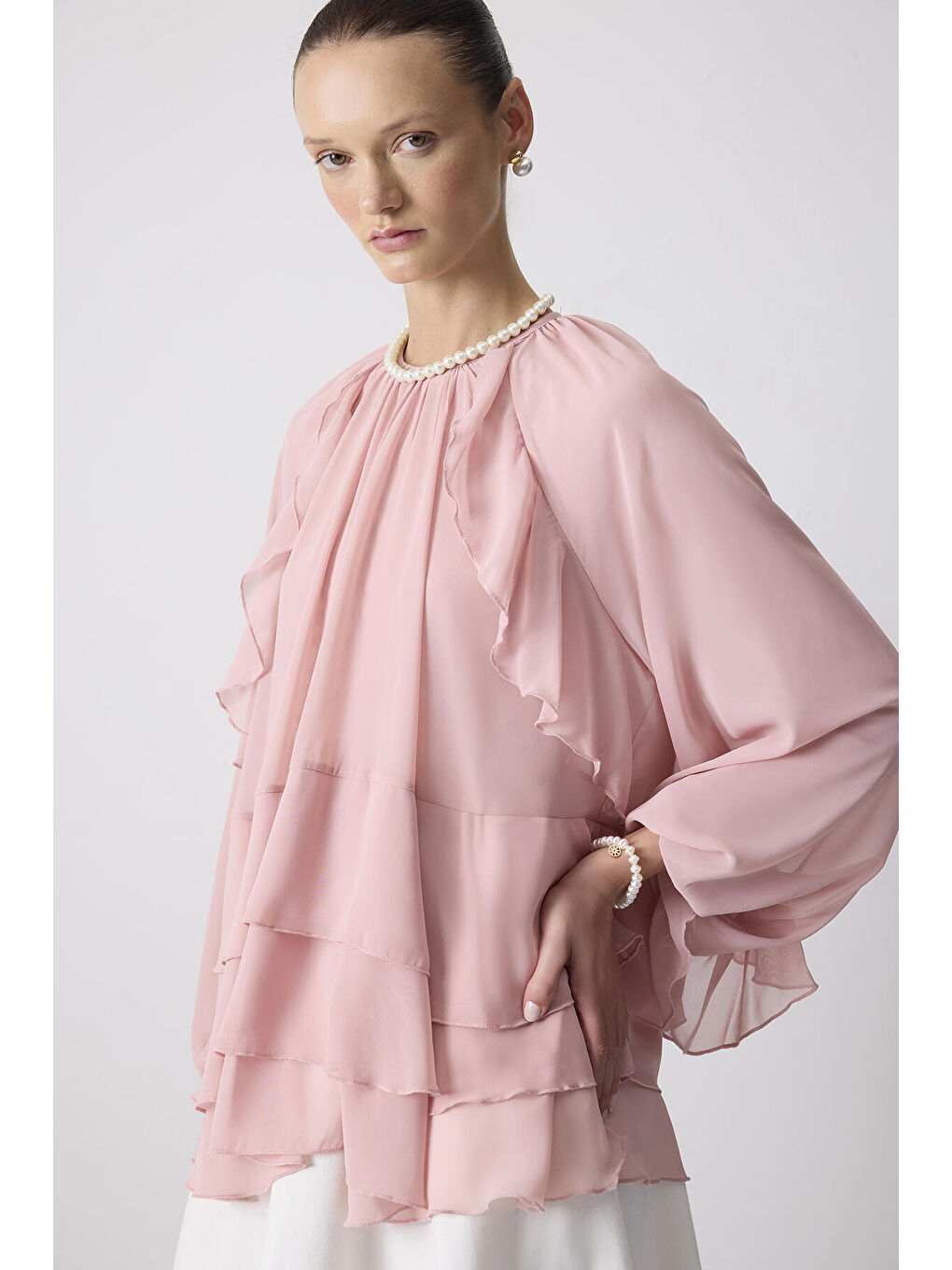 Pembe Fırfırlı Şifon Bluz