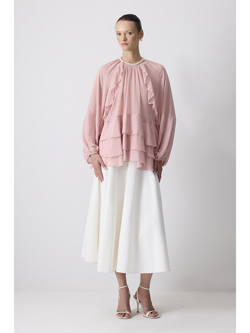 Pembe Fırfırlı Şifon Bluz-1