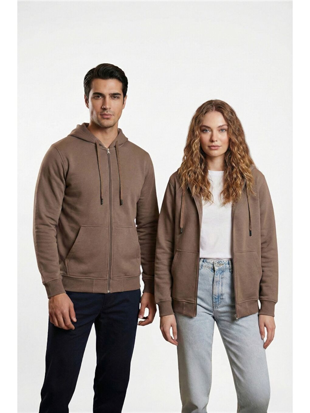 Kahverengi %100 Pamuk Kapüşonlu Fermuarlı Basic Kadın Hırka-3