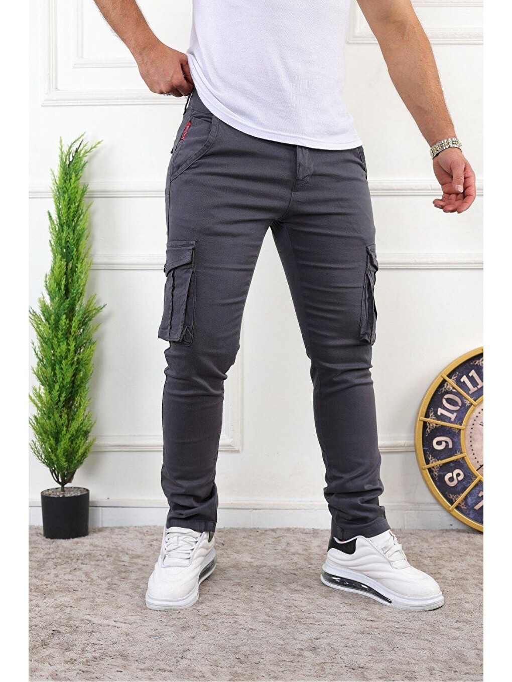 Gri Erkek Slim Fit Kargo Cepli Pantolon
