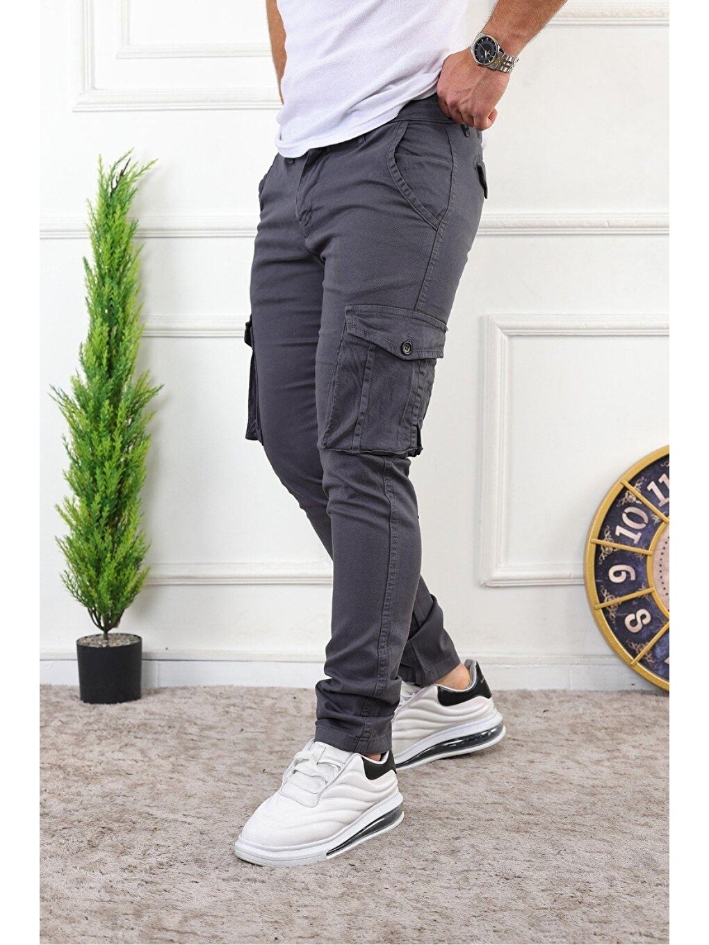 Gri Erkek Slim Fit Kargo Cepli Pantolon-1