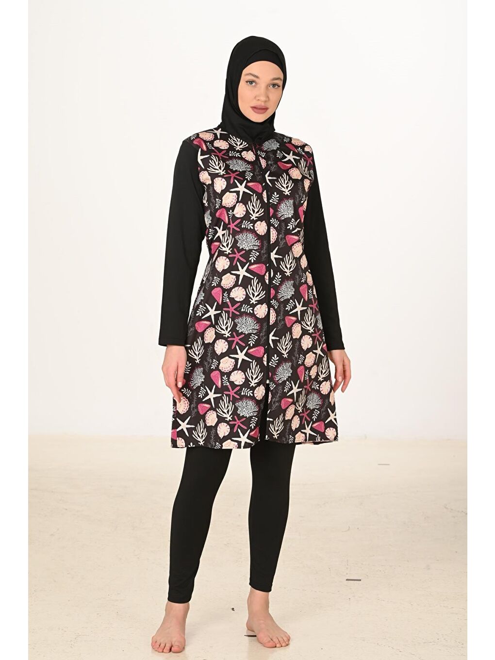 Siyah Tam Kapalı Desenli Paraşüt Kumaş Tesettür Mayo 3445-3