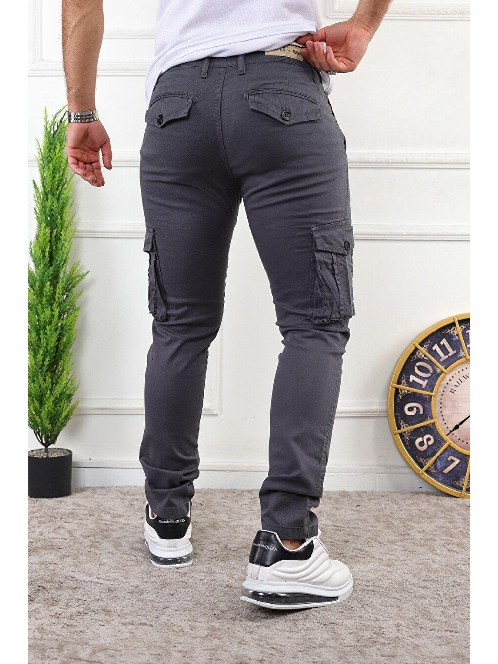 Gri Erkek Slim Fit Kargo Cepli Pantolon-2