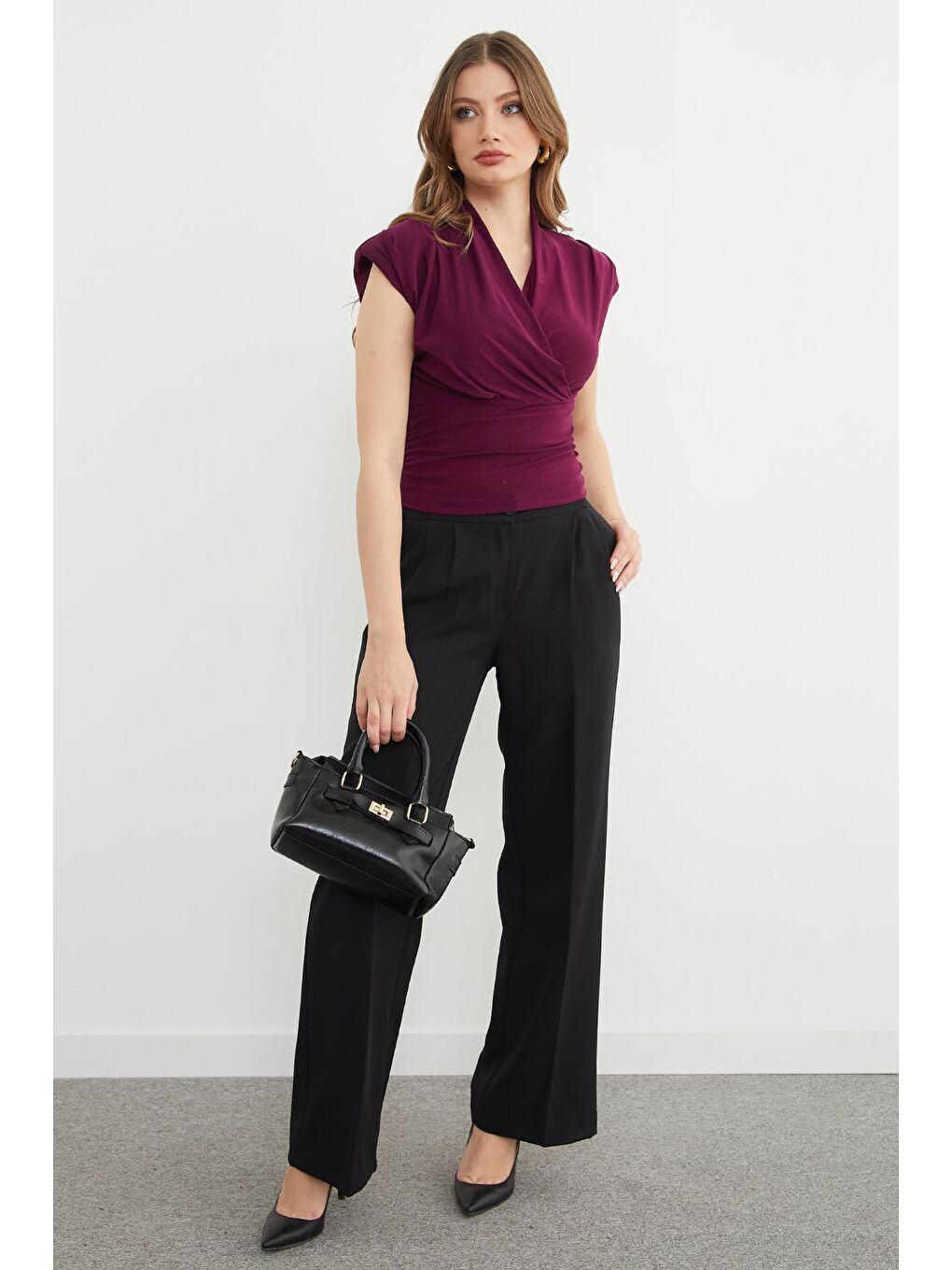 Mürdüm Omuz Vatkalı Kruvaze Yaka Bluz-1