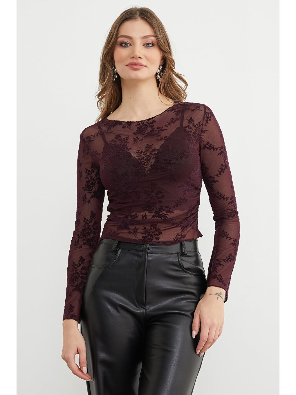 Mürdüm Çiçek Desenli Transparan Bluz-1