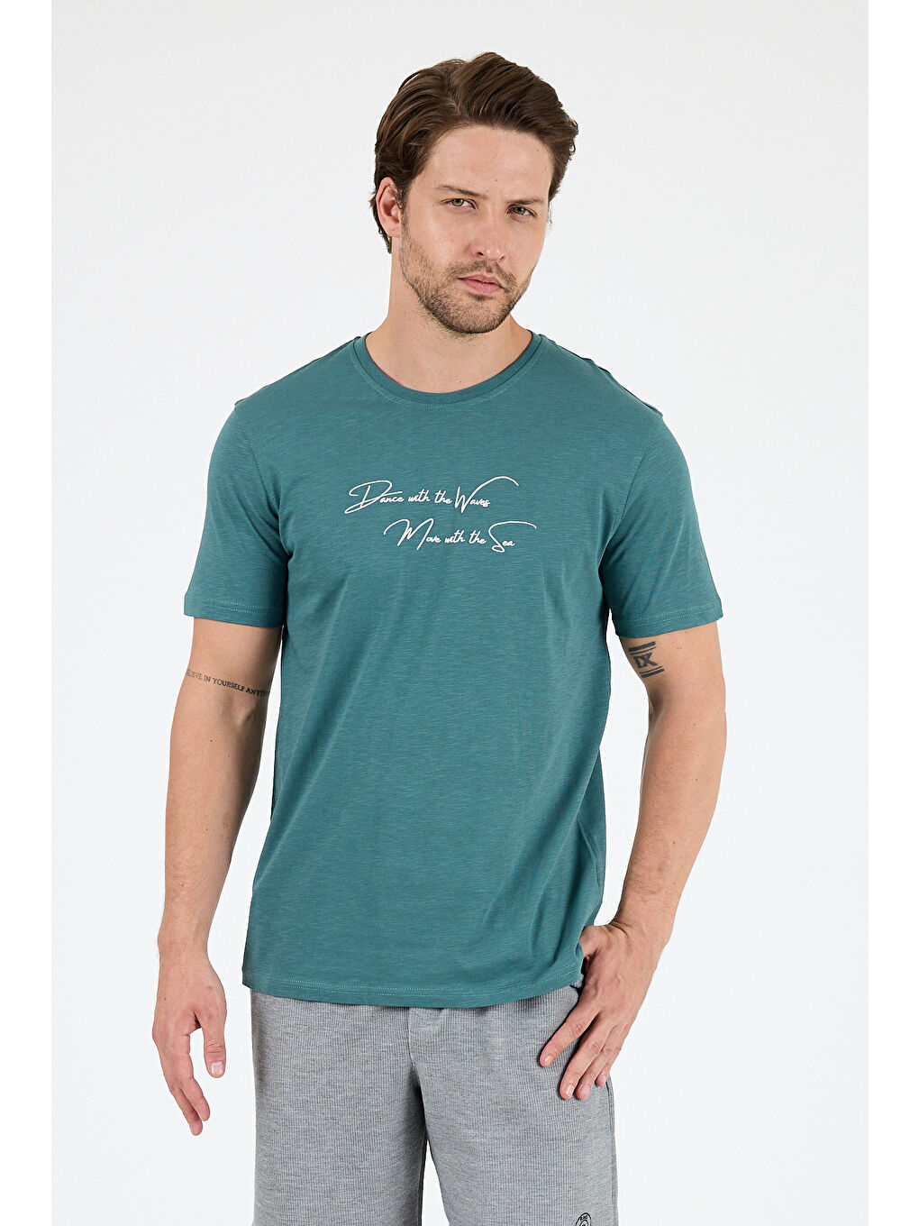 Petrol Erkek %100 Pamuk Bisiklet Yaka Kısa Kollu Baskılı Tişört Rahat ve Günlük Erkek Tişört 0011-1