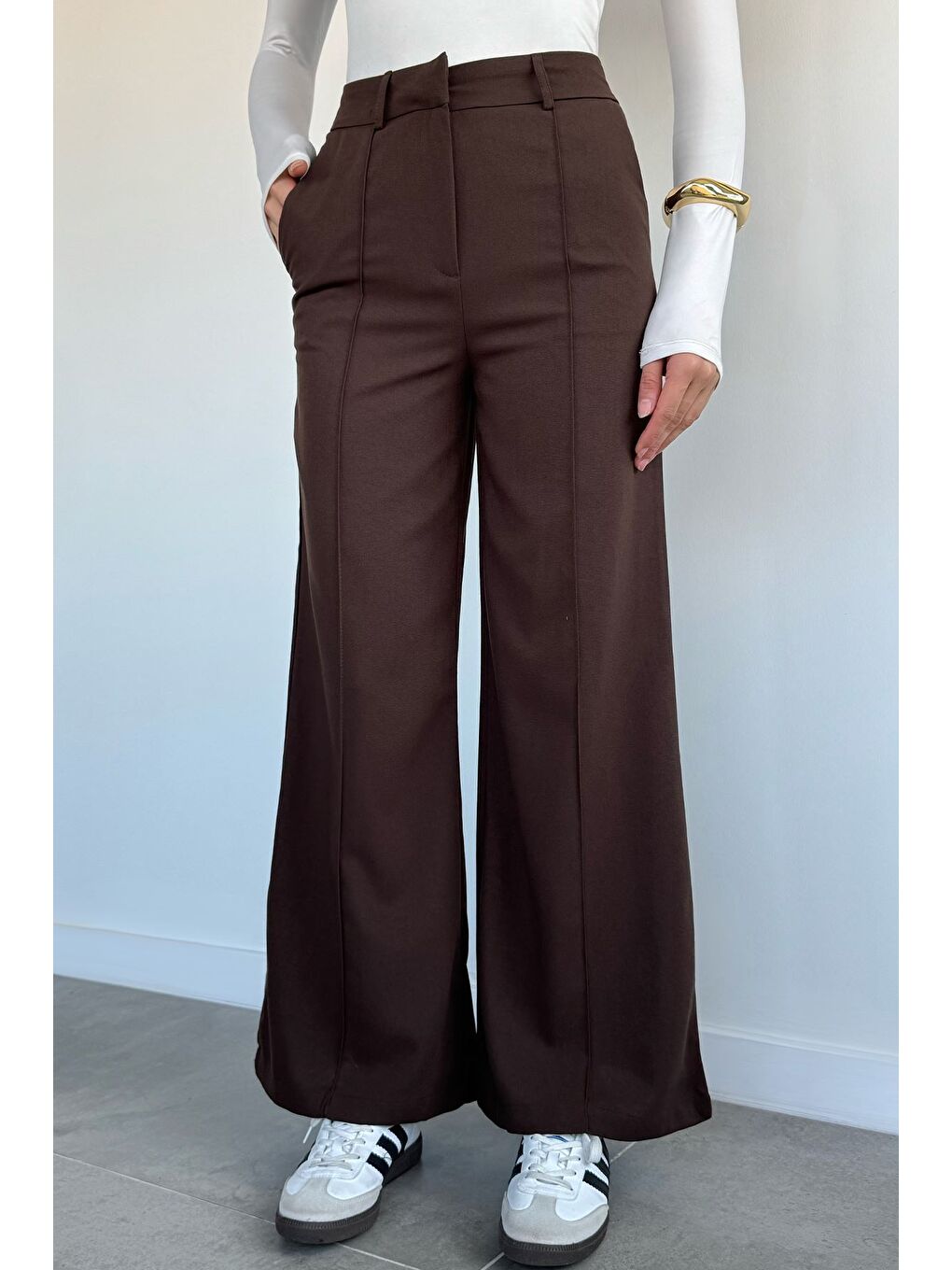 Kahverengi Kadın Çimalı Bol Paça Pantolon