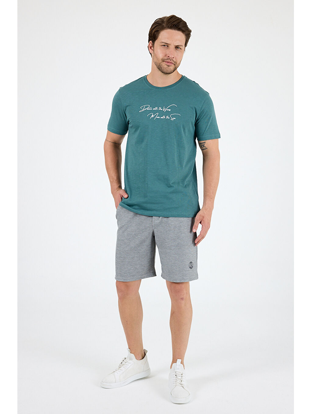 Petrol Erkek %100 Pamuk Bisiklet Yaka Kısa Kollu Baskılı Tişört Rahat ve Günlük Erkek Tişört 0011-2