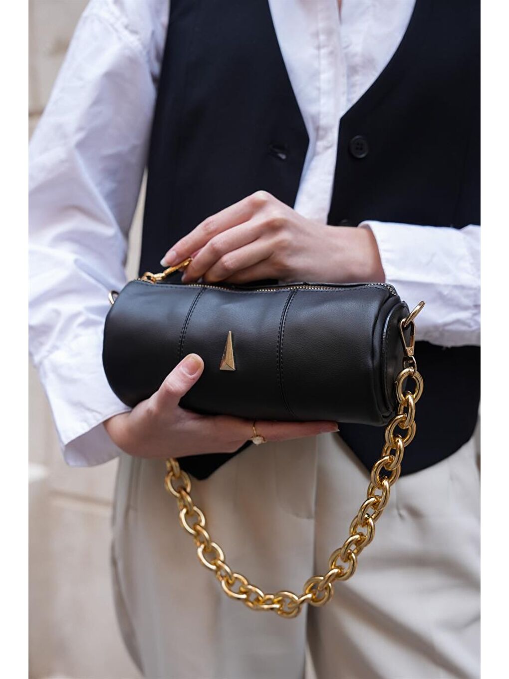 Zincir Askılı Silndir Çanta Siyah-5