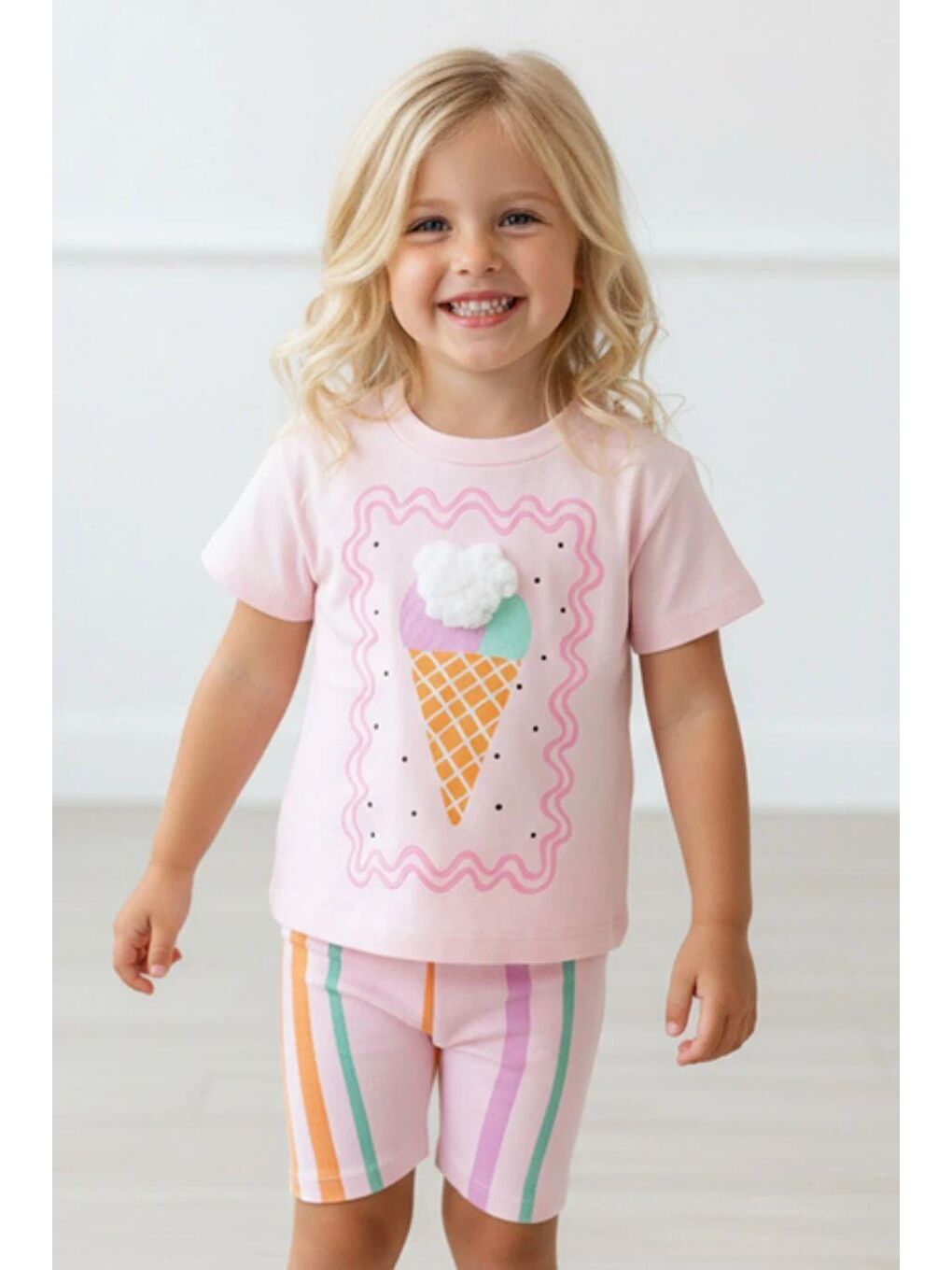 Beyaz Kız Çocuk Pamuklu Pembe Dondurma Desenli T-Shirt Ve Çizgili Tayt Takım-1