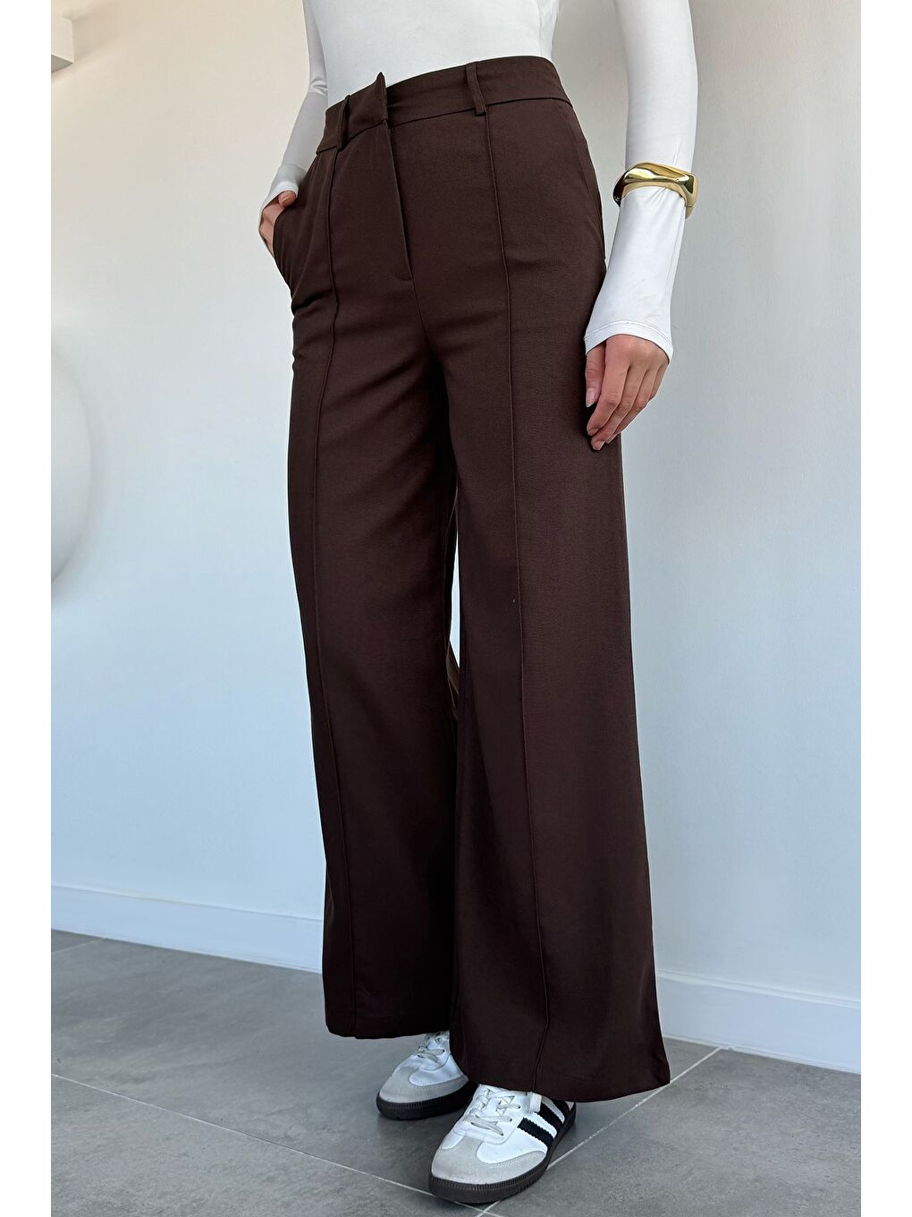 Kahverengi Kadın Çimalı Bol Paça Pantolon-1