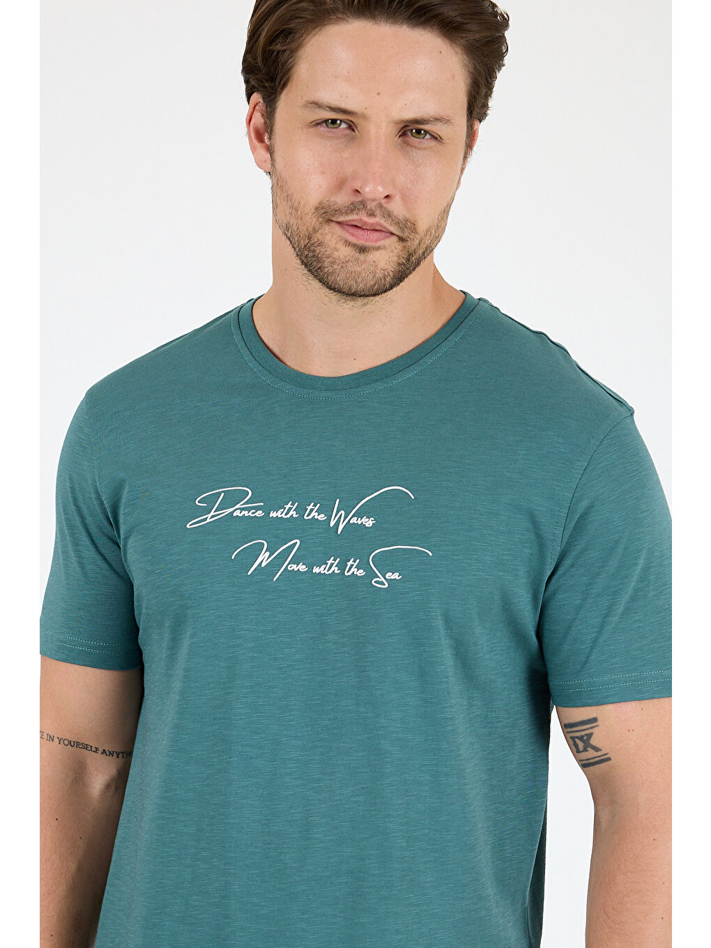 Petrol Erkek %100 Pamuk Bisiklet Yaka Kısa Kollu Baskılı Tişört Rahat ve Günlük Erkek Tişört 0011-3