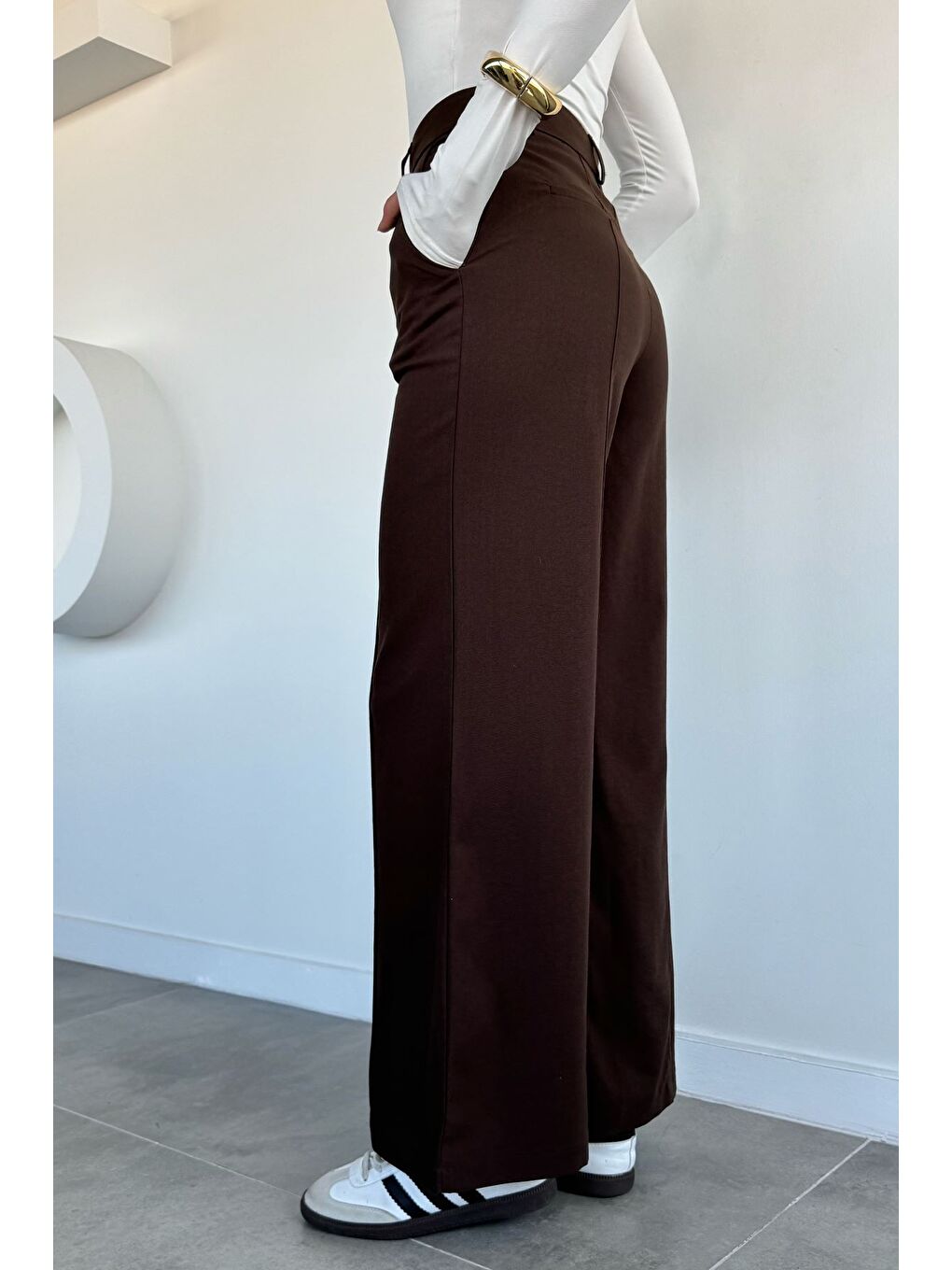 Kahverengi Kadın Çimalı Bol Paça Pantolon-3