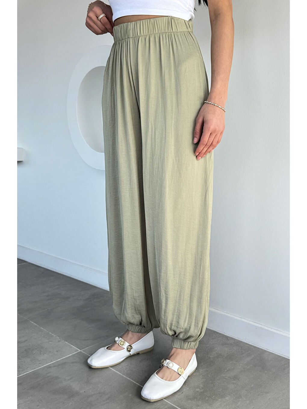 Haki Kadın Bel Ve Paça Lastikli Şalvar Model Pantolon