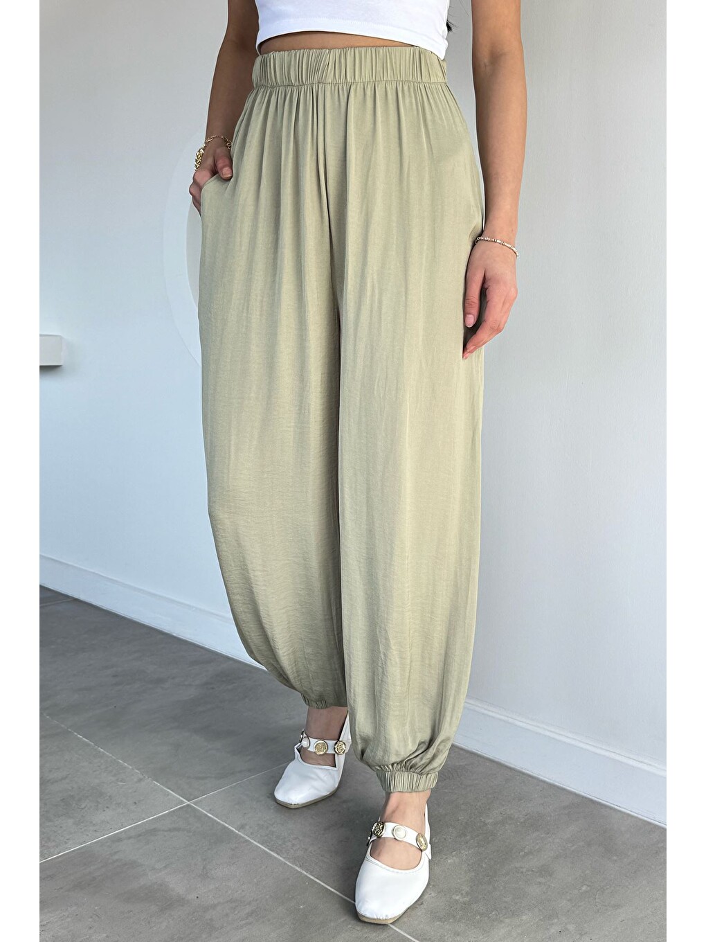 Haki Kadın Bel Ve Paça Lastikli Şalvar Model Pantolon-1