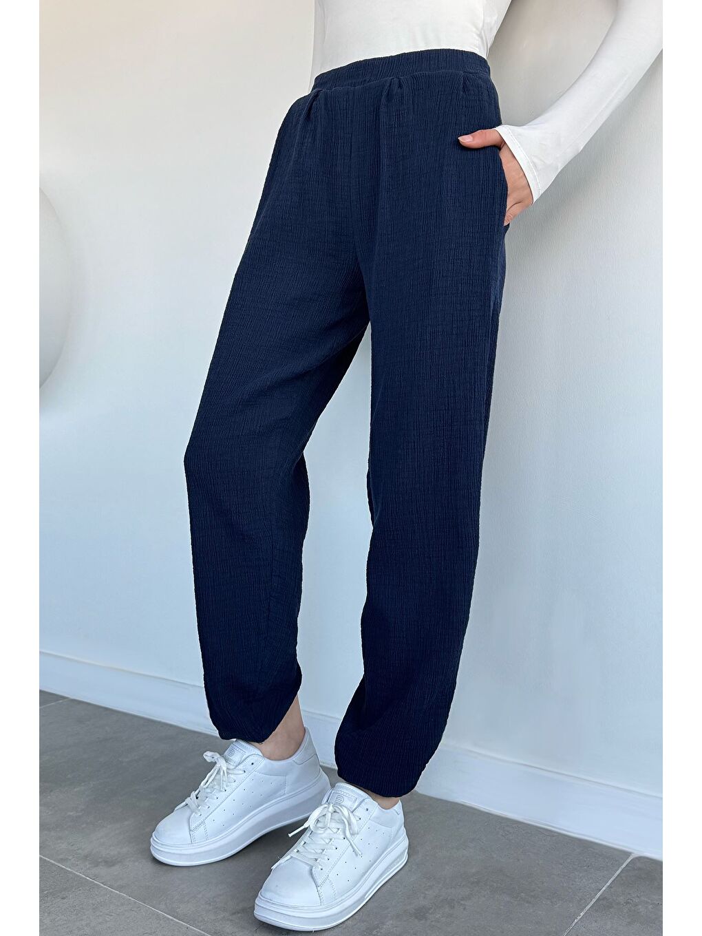 Lacivert Kadın Muslin Kumaş Şalvar Pantolon