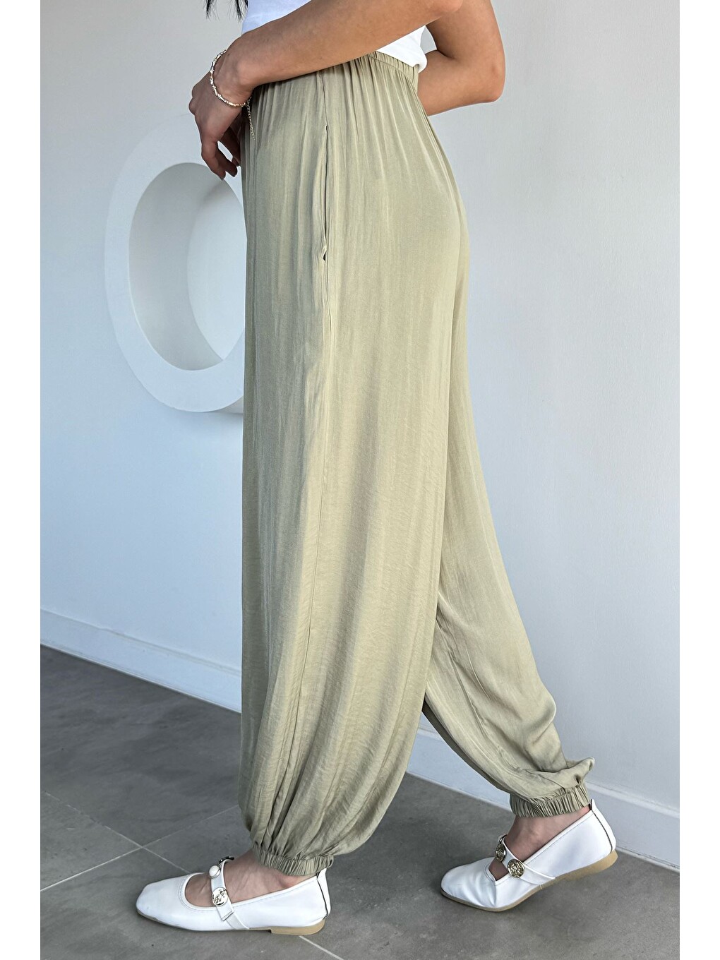 Haki Kadın Bel Ve Paça Lastikli Şalvar Model Pantolon-2