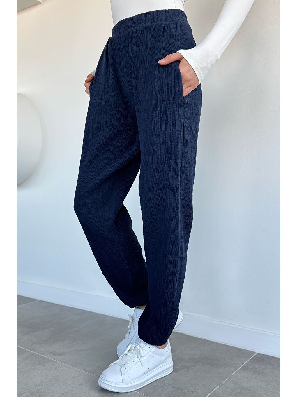 Lacivert Kadın Muslin Kumaş Şalvar Pantolon-1