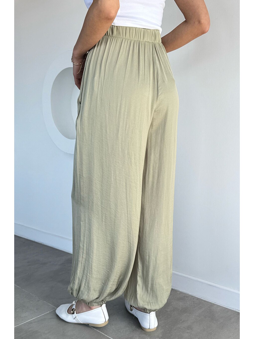 Haki Kadın Bel Ve Paça Lastikli Şalvar Model Pantolon-3