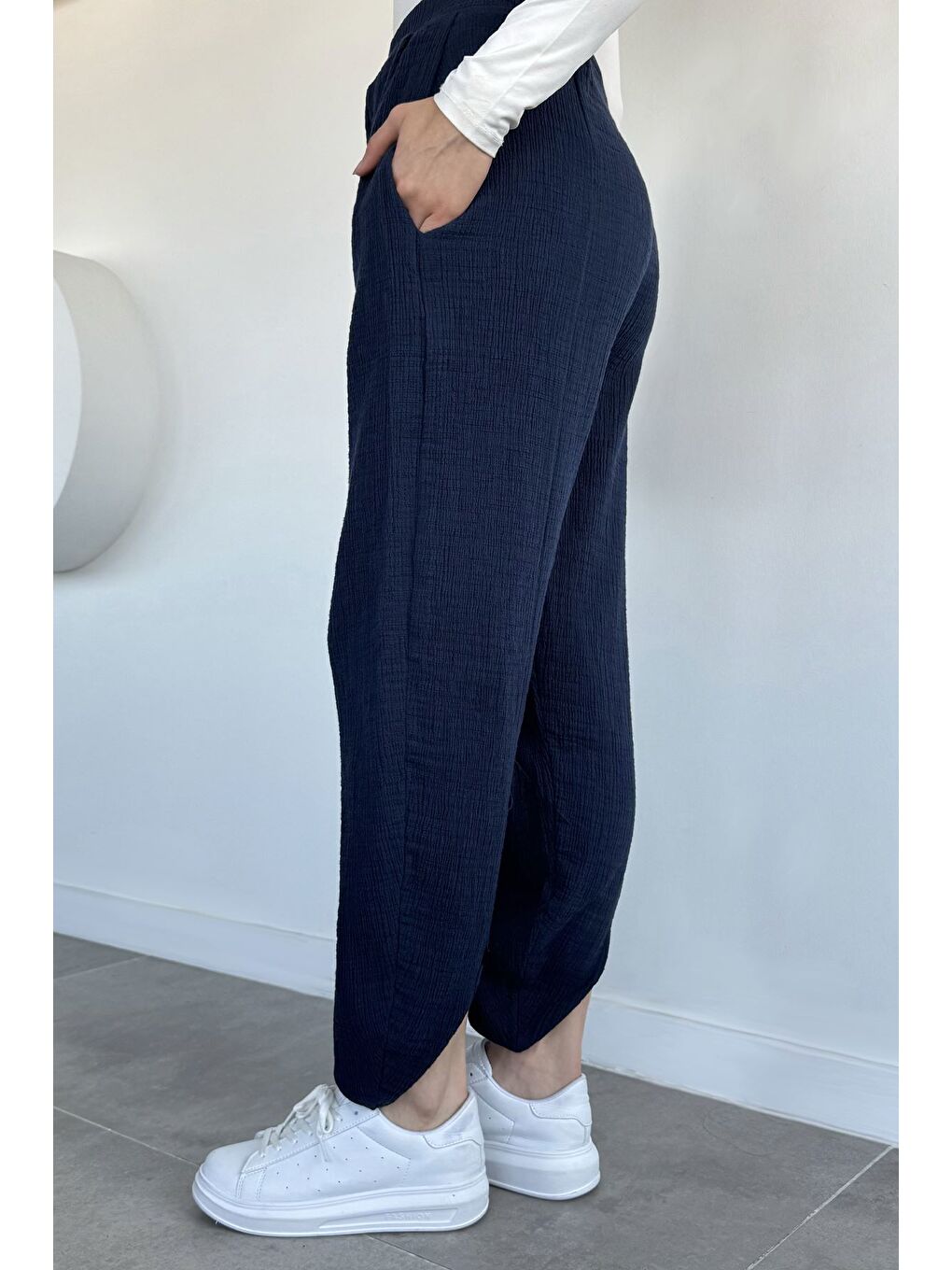Lacivert Kadın Muslin Kumaş Şalvar Pantolon-2