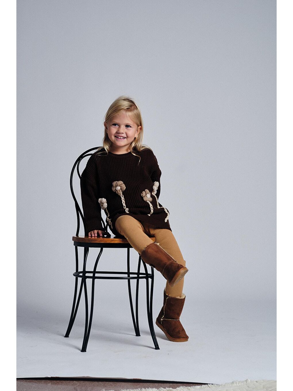 Kahverengi Çiçekli Triko Kazak Kaşkorse Tayt Takım-1