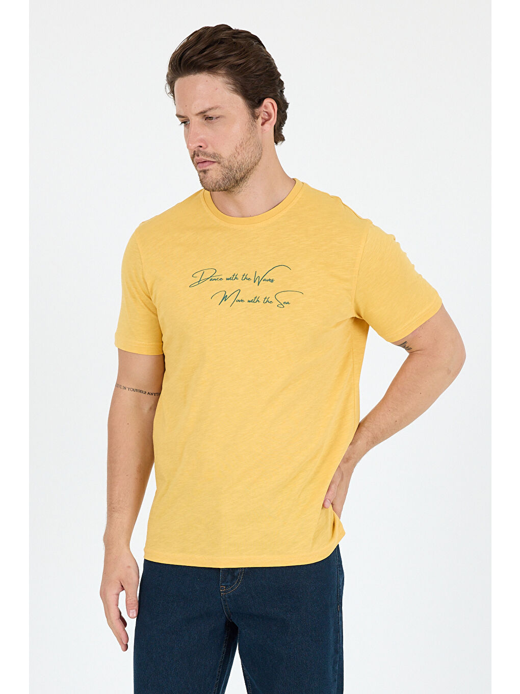 Sarı Erkek %100 Pamuk Bisiklet Yaka Kısa Kollu Baskılı Tişört Rahat ve Günlük Erkek Tişört 0011-1