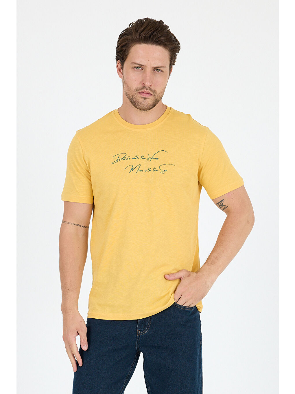 Sarı Erkek %100 Pamuk Bisiklet Yaka Kısa Kollu Baskılı Tişört Rahat ve Günlük Erkek Tişört 0011-2