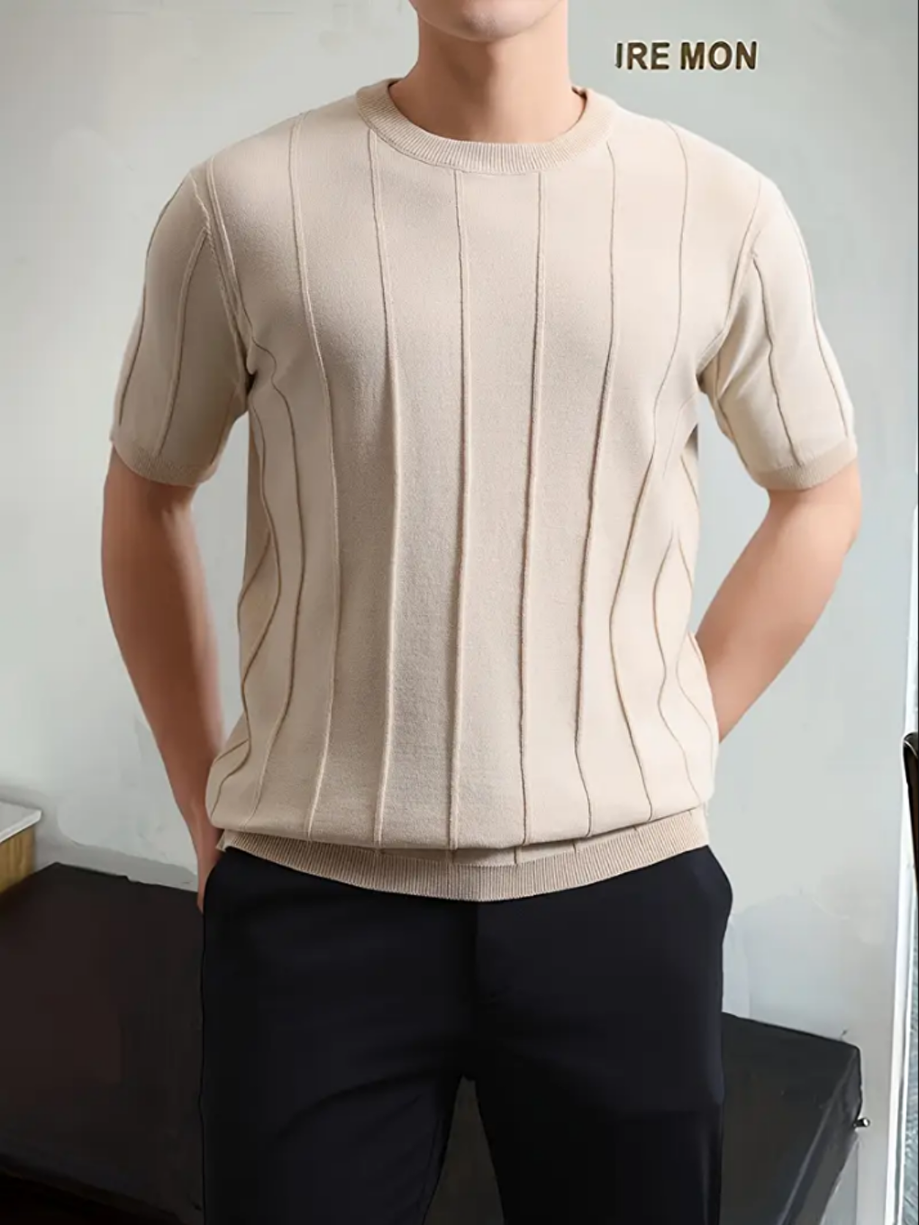 Bej Vizon Erkek Yuvarlak Yaka Örme T shirt-1