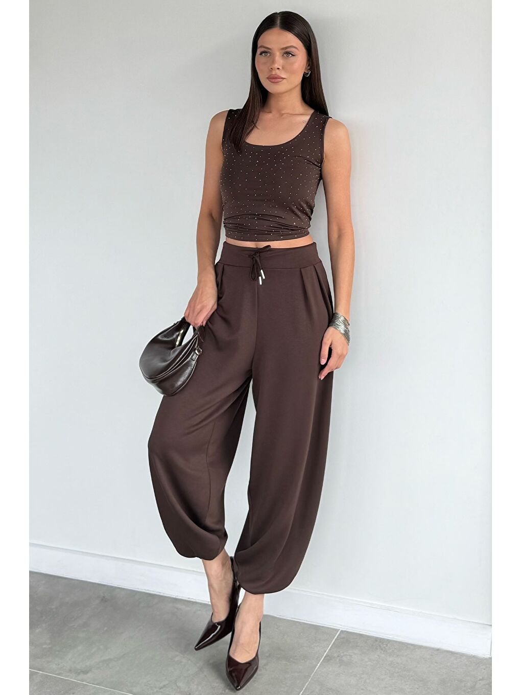 Kahverengi Kadın Bel Lastikli Yüksek Bel Bol Kesim Pantolon