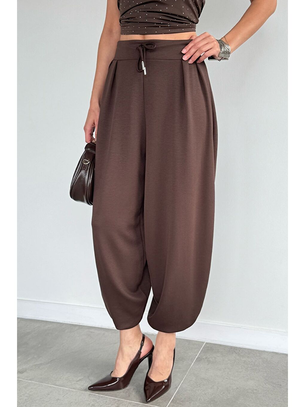Kahverengi Kadın Bel Lastikli Yüksek Bel Bol Kesim Pantolon-2