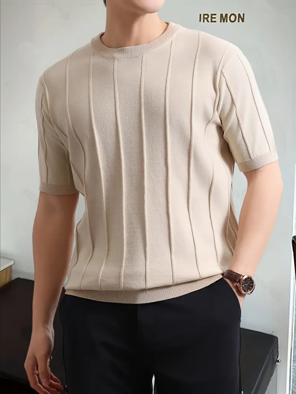 Bej Vizon Erkek Yuvarlak Yaka Örme T shirt-3