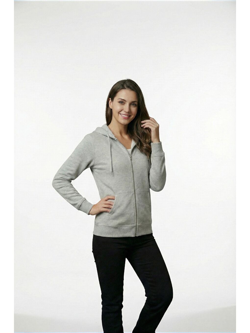 Gri %100 Pamuk Kapüşonlu Fermuarlı Basic Kadın Hırka