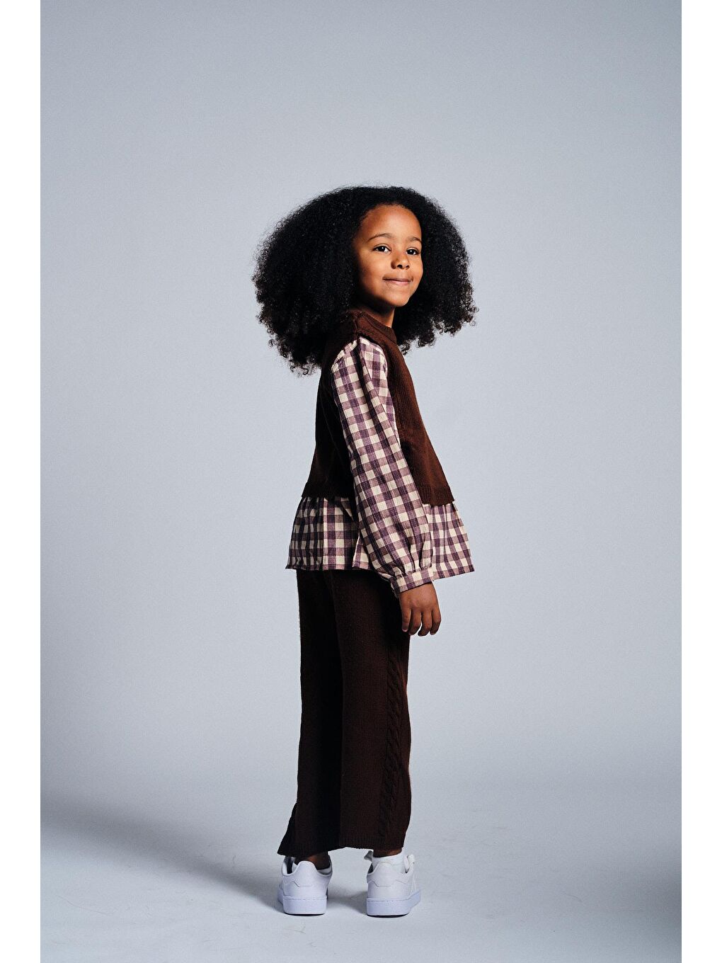 Kahverengi Unisex Ekose Gömlekli Triko Takım-1