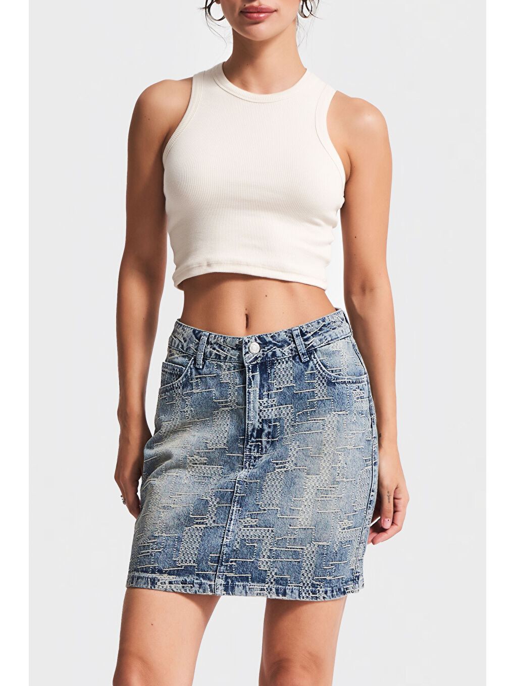 Mavi Kadın Jean Rengi 4w5-32 Özel Kumaş Mini Boy Tasarım Denim Etek