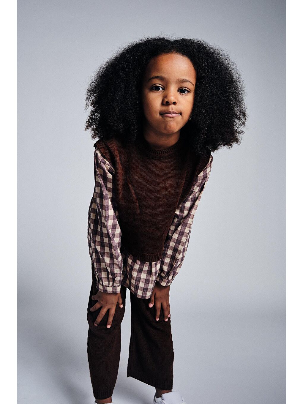 Kahverengi Unisex Ekose Gömlekli Triko Takım-2